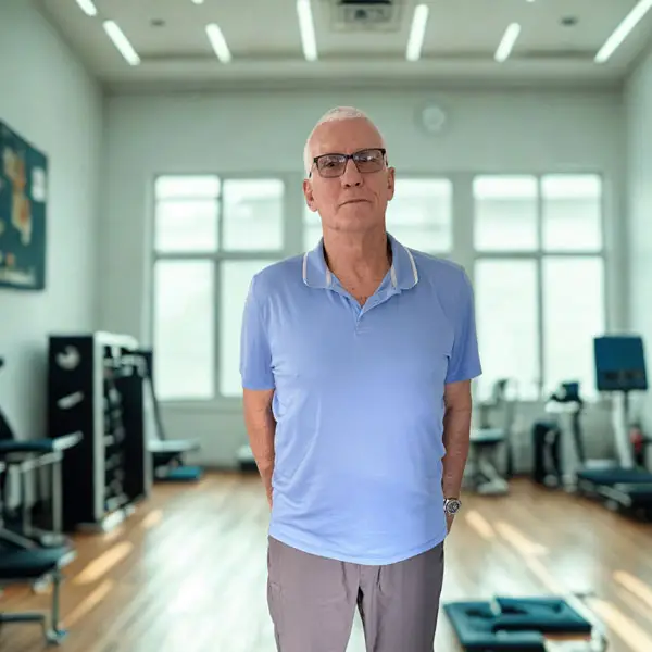 Man in gym setting, casual attire.