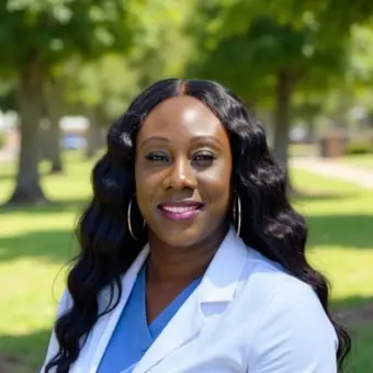 Person in medical attire outdoors.